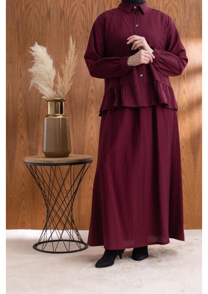 Fırfır Detaylı Gömlek Yaka Etekli Takım - Bordo modelleri