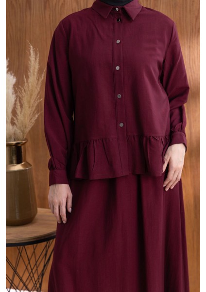 Fırfır Detaylı Gömlek Yaka Etekli Takım - Bordo fırsatları