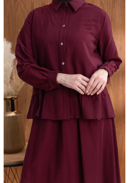 Fırfır Detaylı Gömlek Yaka Etekli Takım - Bordo indirimleri