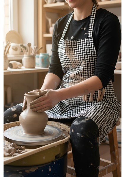 Siyah Beyaz Kazayağı Gabardin Kumaş Mutfak Aşçı Önlüğü Master Chef