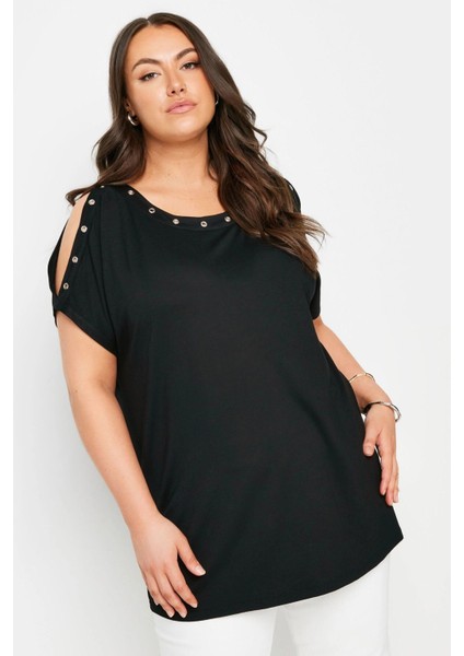 Büyük Beden Omuz Dekolteli Kuşgözü Detaylı Kısa Kollu Bluz 321771