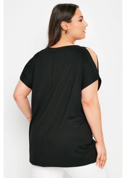 Büyük Beden Omuz Dekolteli Kuşgözü Detaylı Kısa Kollu Bluz 321771 indirimleri