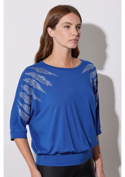 Bisiklet Yaka Yarım Kollu Taş Işlemeli Beli Lastikli Bluz 110694