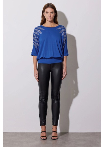 Bisiklet Yaka Yarım Kollu Taş Işlemeli Beli Lastikli Bluz 110694 modelleri