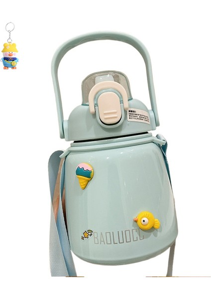 Büyük Göbek Termos Bardağı Büyük Kapasiteli Kız Öğrenci Su Bardağı Pipetli Sevimli Taşınabilir Kayışlı Su Isıtıcısı (Yurt Dışından)