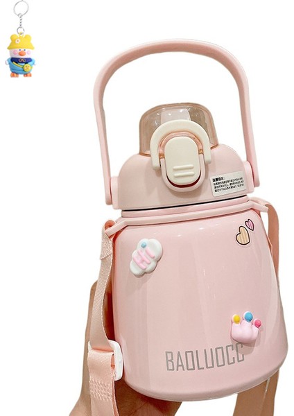 Büyük Göbek Termos Bardağı Büyük Kapasiteli Kız Öğrenci Su Bardağı Pipetli Sevimli Taşınabilir Kayışlı Su Isıtıcısı (Yurt Dışından)