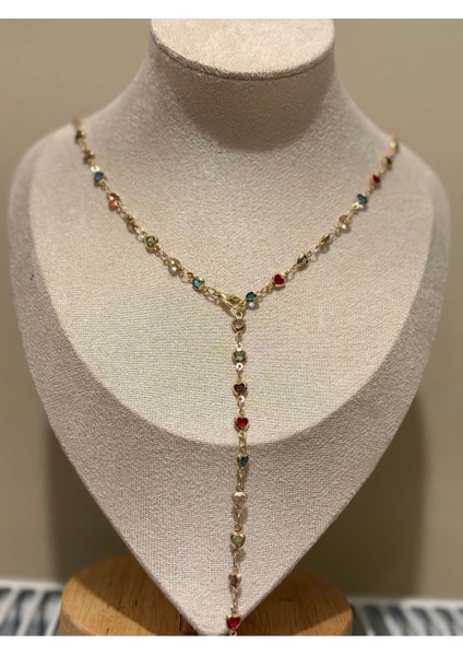 Altın Renk Renkli Kalpli Y Model Yeni Sezon Çelik Kolye - 3817