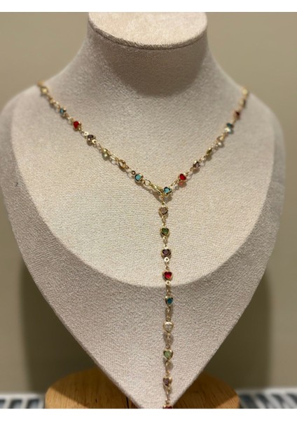 Altın Renk Renkli Kalpli Y Model Yeni Sezon Çelik Kolye - 3817 fiyatları