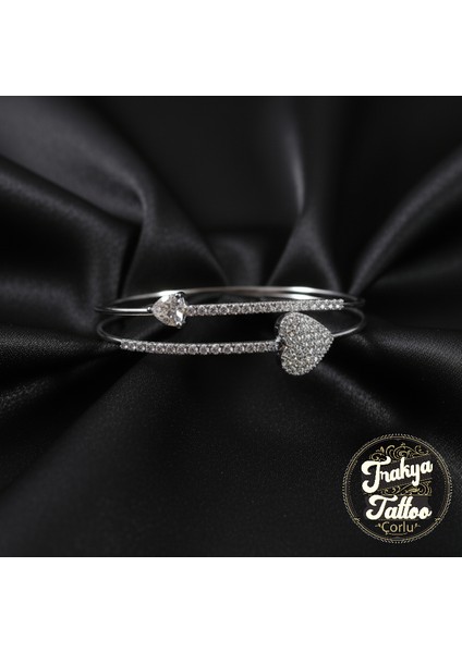 Zirkon Taşlı Su Yolu 2li Kalpli Kadın Çelik Kelepçe Bileklik Paslanmaz