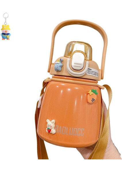 Büyük Göbek Termos Bardağı Büyük Kapasiteli Kız Öğrenci Su Bardağı Pipetli Sevimli Taşınabilir Kayışlı Su Isıtıcısı (Yurt Dışından)