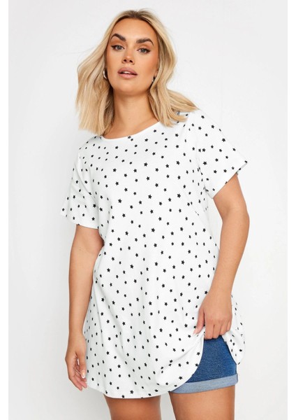 Büyük Beden Bisiklet Yaka Kısa Kollu Yıldız Baskılı T-Shirt 303258
