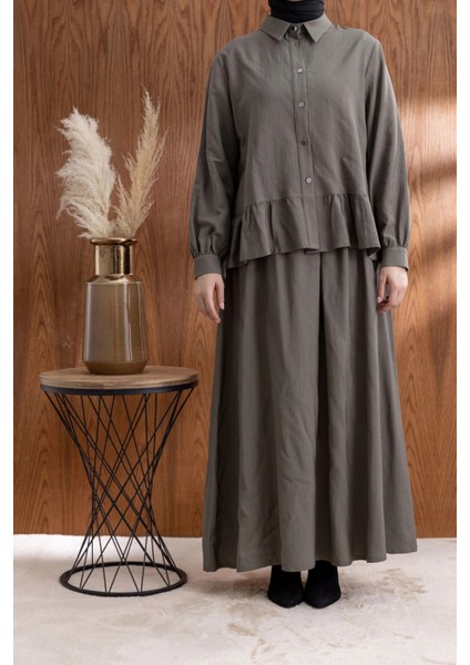 Fırfır Detaylı Gömlek Yaka Etekli Takım - Haki