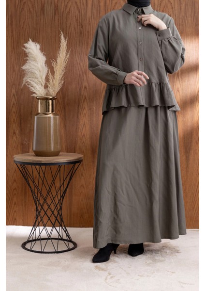 Fırfır Detaylı Gömlek Yaka Etekli Takım - Haki fiyatları