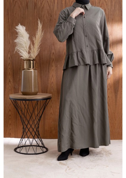 Fırfır Detaylı Gömlek Yaka Etekli Takım - Haki modelleri