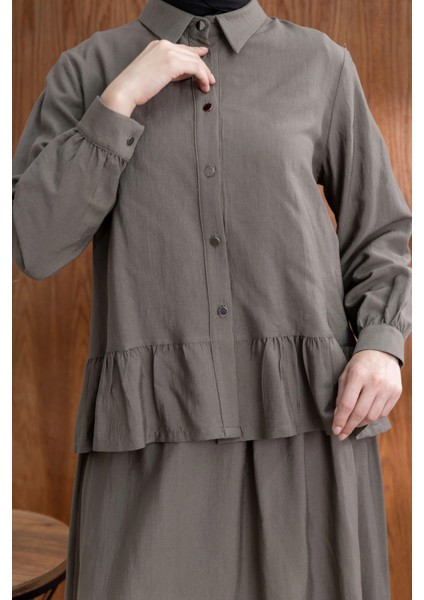 Fırfır Detaylı Gömlek Yaka Etekli Takım - Haki fırsatları