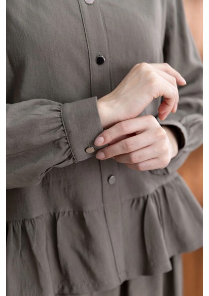 Fırfır Detaylı Gömlek Yaka Etekli Takım - Haki indirimleri