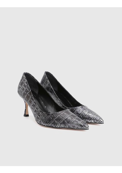 Clamra Hakiki Kroko Deri Antrasit Kadın Topuklu Ayakkabı