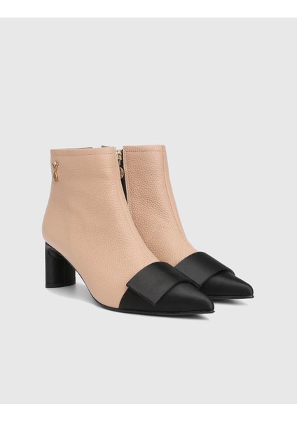 Ernesta Hakiki Floter Saten Deri Bej Kadın Topuklu Bot