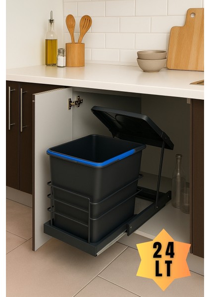 Almital Cassone 24 litre Dolap içi Teleskopik Raylı Antrasit Çöp Kovası, Minimum Kapak Genişliği 40 Cm.