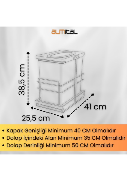 Almital Cassone 24 litre Dolap içi Teleskopik Raylı Antrasit Çöp Kovası, Minimum Kapak Genişliği 40 Cm. fırsatları