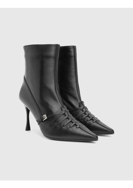 Ketita Hakiki Deri Siyah Kadın Topuklu Bot