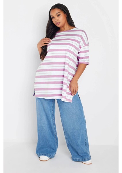 Büyük Beden Bisiklet Yaka Kısa Kollu Yanları Yırtmaçlı Çizgili T-Shirt 303944 fiyatları