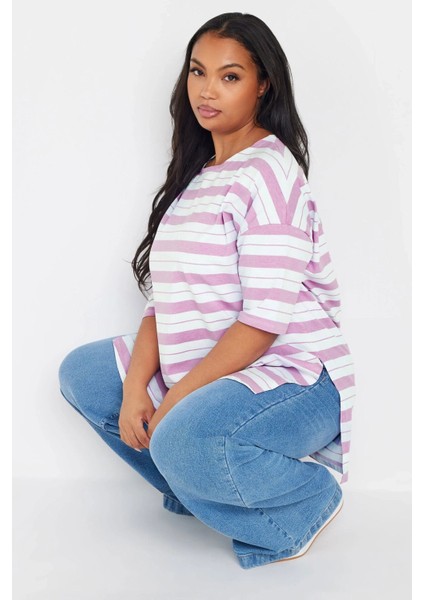 Büyük Beden Bisiklet Yaka Kısa Kollu Yanları Yırtmaçlı Çizgili T-Shirt 303944 fırsatları