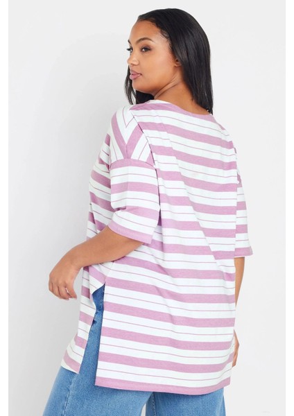 Büyük Beden Bisiklet Yaka Kısa Kollu Yanları Yırtmaçlı Çizgili T-Shirt 303944 indirimleri