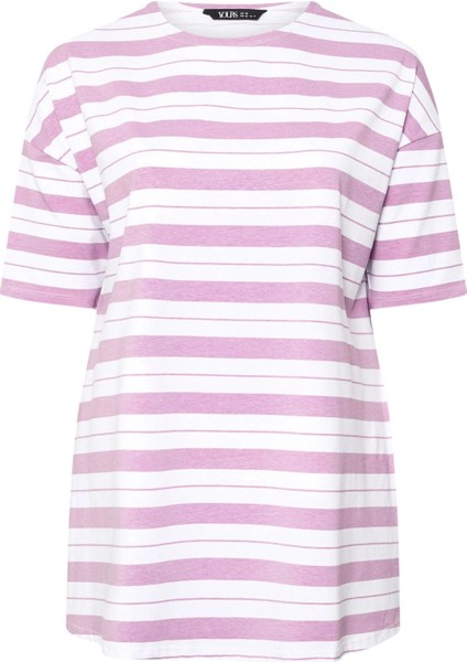 Büyük Beden Bisiklet Yaka Kısa Kollu Yanları Yırtmaçlı Çizgili T-Shirt 303944