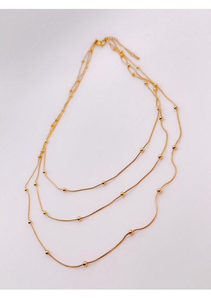 Çelik Üç Sıra Topçuk Kolye - Gold