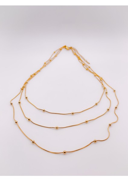 Çelik Üç Sıra Topçuk Kolye - Gold