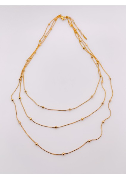 Çelik Üç Sıra Topçuk Kolye - Gold