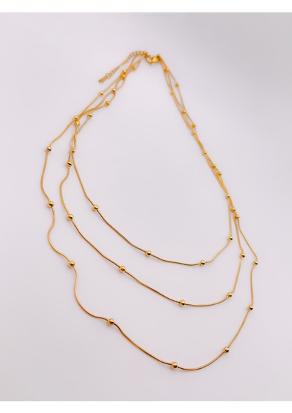 Çelik Üç Sıra Topçuk Kolye - Gold