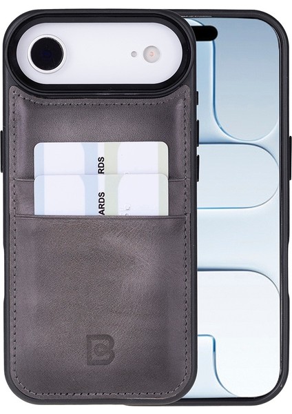 , Apple iPhone Air Için, Hakiki Deri, El Yapımı Kartlıklı Kılıf, Iç Yüzeyi Kadife, Gölgeli Gri
