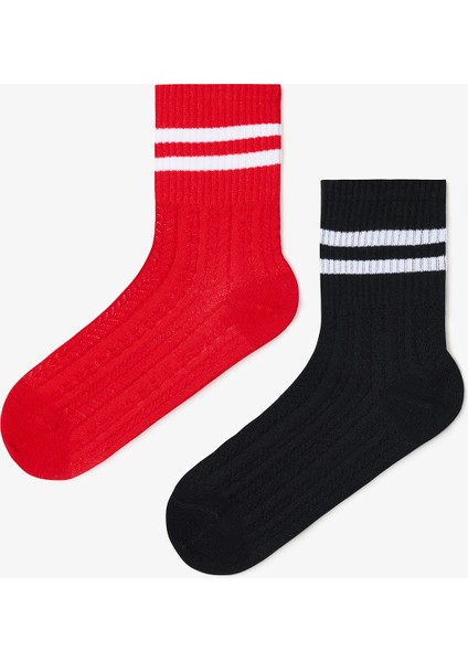 2 Çift Pamuklu Kendinden Desenli Kolej Tenis Soket Çorap