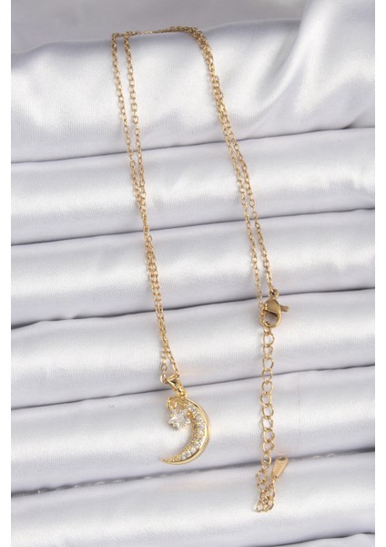 316L Çelik Zincir Altın Renk Zirkon Taşlı Sallantılı Ay Yıldız Kolye - TJ-BKO9061 fırsatları