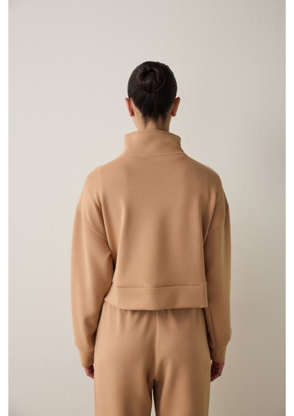 Açık Kahverengi Modal Dik Fermuar Yaka Sweatshirt