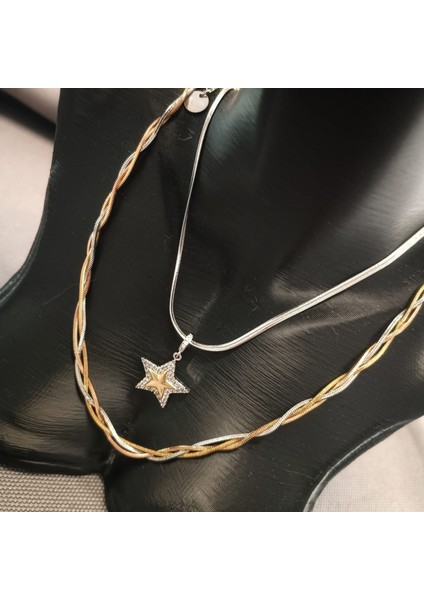 Yıldız Uçlu Kolye & Üç Renkli Burgu Kolye Ikili Takım 316L Gold Renk