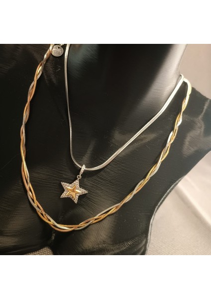 Yıldız Uçlu Kolye & Üç Renkli Burgu Kolye Ikili Takım 316L Gold Renk modelleri