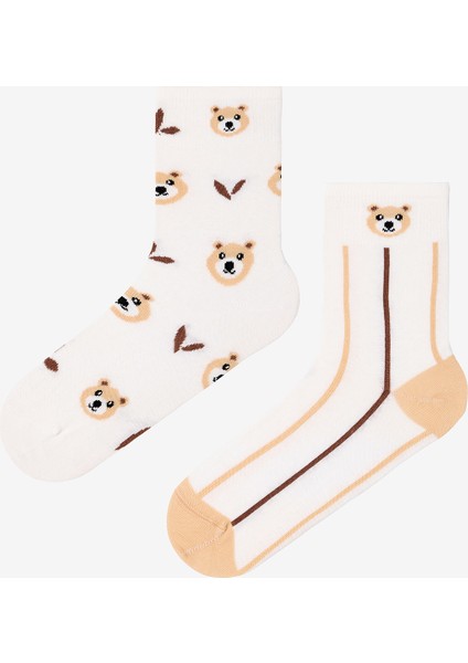 2 Çift Pamuklu Ayı Desenli Çizgili Soket Çorpa