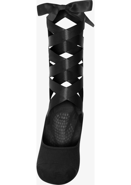 Beyaz Kaydırmaz Taban Balerin Kurdele Detaylı Pilates&Yoga Çorabı