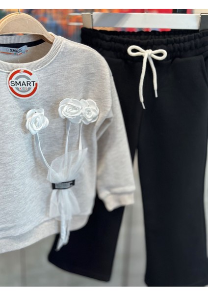 G-Smart Kids Çiçek Detaylı Geniş Paça Kız Çocuk Eşofman Takım 3-10 Yaş modelleri