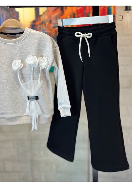 G-Smart Kids Çiçek Detaylı Geniş Paça Kız Çocuk Eşofman Takım 3-10 Yaş