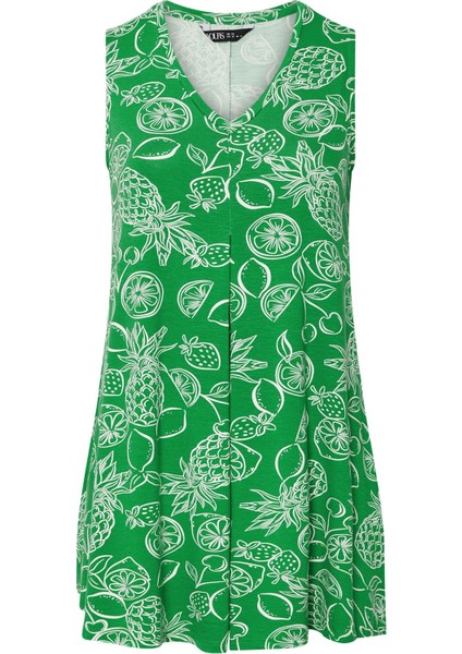 Büyük Beden V Yaka Sıfır Kol Çiçek Desenli T-Shirt 304169