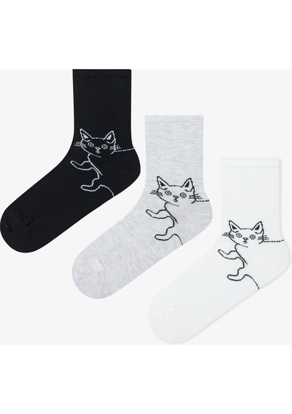 3 Çift Pamuklu Kedi Desenli Soket Çorap