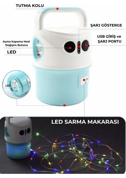 Çok Amaçlı Kamp Lambası Rgb 10 Metre Ip LED Aydınlatma Fener Powerbank Kamp Dağ Malzemesi