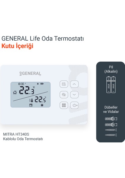 General Mitra HT340S Kablolu Günlük ve Haftalık Programlanabilir Oda Termostatı fiyatları