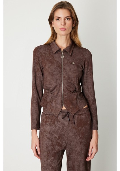 Batik Desenli Beli Büzgülü Hırka Kahve 66511