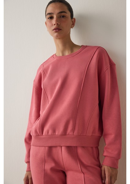 Çöl Gülü Oversize Bisiklet Yaka Crop Sweatshirt