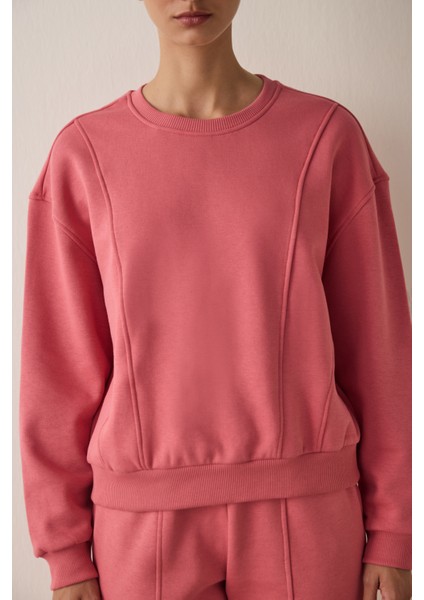 Çöl Gülü Oversize Bisiklet Yaka Crop Sweatshirt modelleri